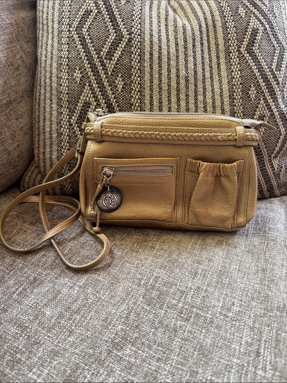 Vintage Brighton Tan Braided Trim Crossbody Bag
